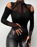 Contrast Lace Long Sleeve Cold Shoulder Bodysuit