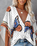 Butterfly Geometric Print Button Front Batwing Sleeve Top