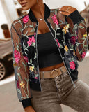 Floral Embroidery Baseball Collar Long Sleeve Coat Sheer Mesh Patch Zip Up Jacket