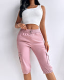 Side Pockets Drawstring Waist Cropped Cargo Pants