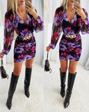 Floral Print Deep V Neck Bodycon Dress