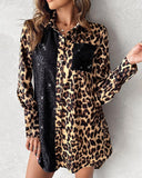 Contrast Sequin Leopard Print Satin Shirt Dress