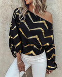 Bronzing Chevron Print Lantern Sleeve Top