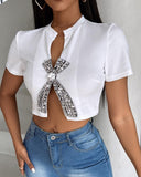 Rhinestone Bowknot Decor Slit T Shirt