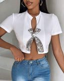 Rhinestone Bowknot Decor Slit T Shirt