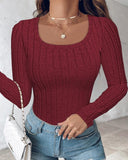 U Neck Long Sleeve Ribbed Tops Fleece Lined Basic Layering Soft Thermal Tee