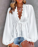 Lace Trim Plunge Lantern Sleeve Top