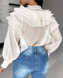 Frill Hem Ruffles Lantern Sleeve Top