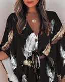 Feather Print Batwing Sleeve Tied Detail Casual Dress