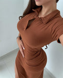 V Neck Collared Ribbed Tied back Midi Dress