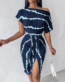 Tie Dye Print Ruched Slit Casual Dress