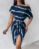 Tie Dye Print Ruched Slit Casual Dress