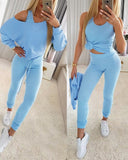 3PCS/Set Ribbed Tank Top & Skinny Pants With Skew Neck Drawstring Hem Top