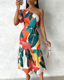 Tropical Floral Print One Shoulder Smock Dress