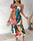 Tropical Floral Print One Shoulder Smock Dress