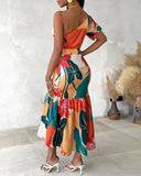 Tropical Floral Print One Shoulder Smock Dress