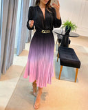 Ombre Plunge Pleated Midi Dress With Chain Decor Belt