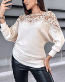 Batwing Sleeve Lace Patch Rhinestone Decor Sweater