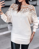 Batwing Sleeve Lace Patch Rhinestone Decor Sweater