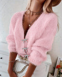 Fuzzy Bowknot Pattern Knit Cardigan