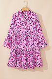 Rose Leopard Print Buttoned Front 3/4 Sleeve Tiered Ruffled Hem Dress