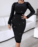 Rhinestone Embellished Long Sleeve Evening Party Midi Dress