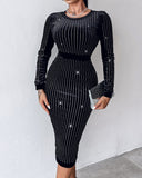 Rhinestone Embellished Long Sleeve Evening Party Midi Dress