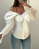 Gigot Sleeve Cold Shoulder Cinched Waist Blouse Bowknot Design Casual Top