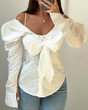 Gigot Sleeve Cold Shoulder Cinched Waist Blouse Bowknot Design Casual Top