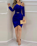 Velvet One Shoulder Chain Decor Ruched Bodycon Dress