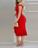 Off Shoulder Bowknot Decor Party Dress Ruffle Hem Slit Bodycon Dress