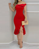 Off Shoulder Bowknot Decor Party Dress Ruffle Hem Slit Bodycon Dress