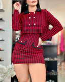 2PCS Houndstooth Print Slip Bodycon Dress & Button Decor Crop Coat