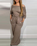 Off Shoulder V Back Stretchy Waist Pocket Design Jumpsuit