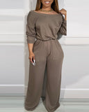 Off Shoulder V Back Stretchy Waist Pocket Design Jumpsuit