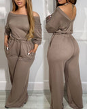 Off Shoulder V Back Stretchy Waist Pocket Design Jumpsuit