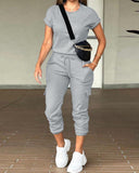 Round Neck Top & Drawstring Cuffed Pants Set