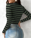 Striped Buttoned Round Neck Ribbed Top