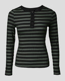 Striped Buttoned Round Neck Ribbed Top