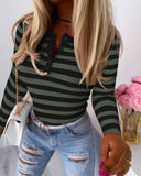 Striped Buttoned Round Neck Ribbed Top