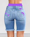 Colorblock Letter Print Ripped 2 In 1 Denim Shorts