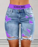 Colorblock Letter Print Ripped 2 In 1 Denim Shorts