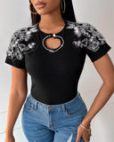 Rhinestone Floral Pattern Hollow Out T Shirt