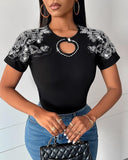 Rhinestone Floral Pattern Hollow Out T Shirt