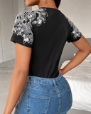 Rhinestone Floral Pattern Hollow Out T Shirt