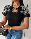 Rhinestone Floral Pattern Hollow Out T Shirt