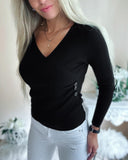 V Neck Ruched Side Button Decor Slim Fit Knit Sweater