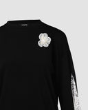 Colorblock Floral Pattern Tied Long Sleeve Lace Patch Sweatshirt