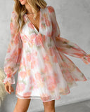 Floral Print Long Sleeve Sheer Mesh Casual Dress