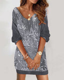 Contrast Sequin Velvet V Neck Casual Dress